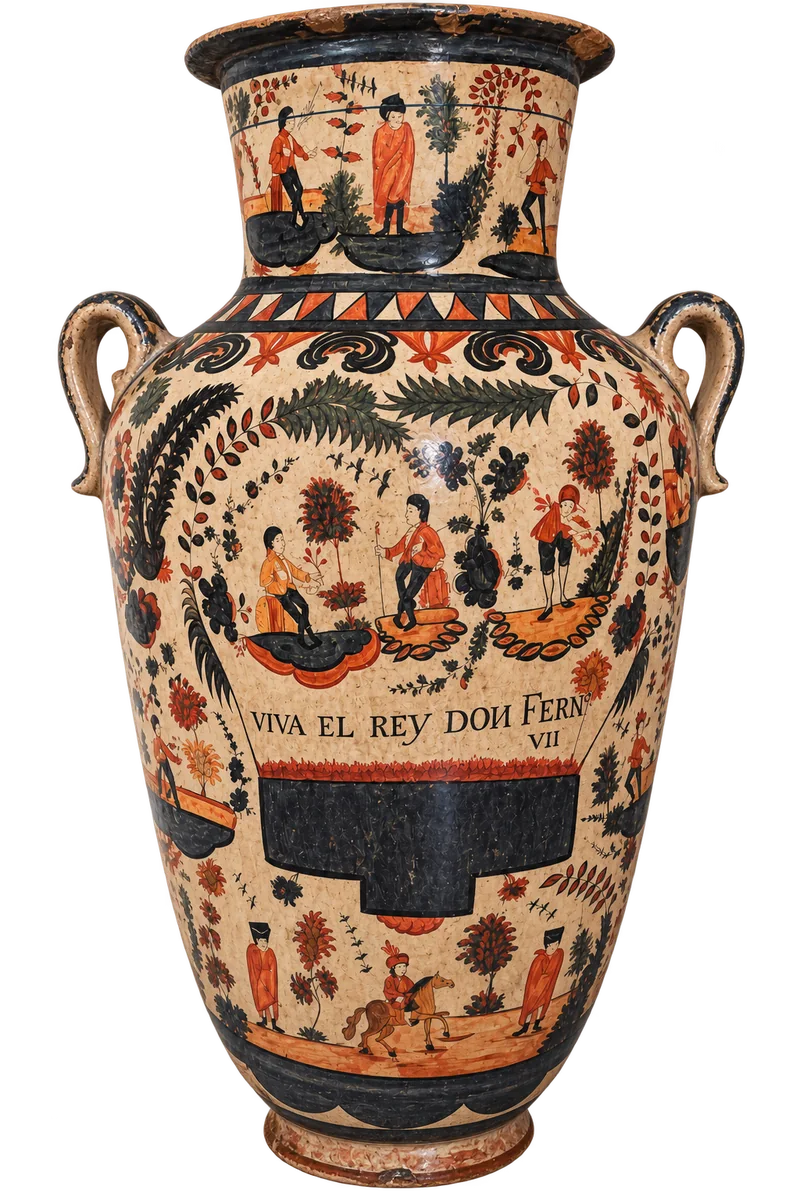 Jarrón de talavera con la leyenda Viva el Rey Don Fernando VII