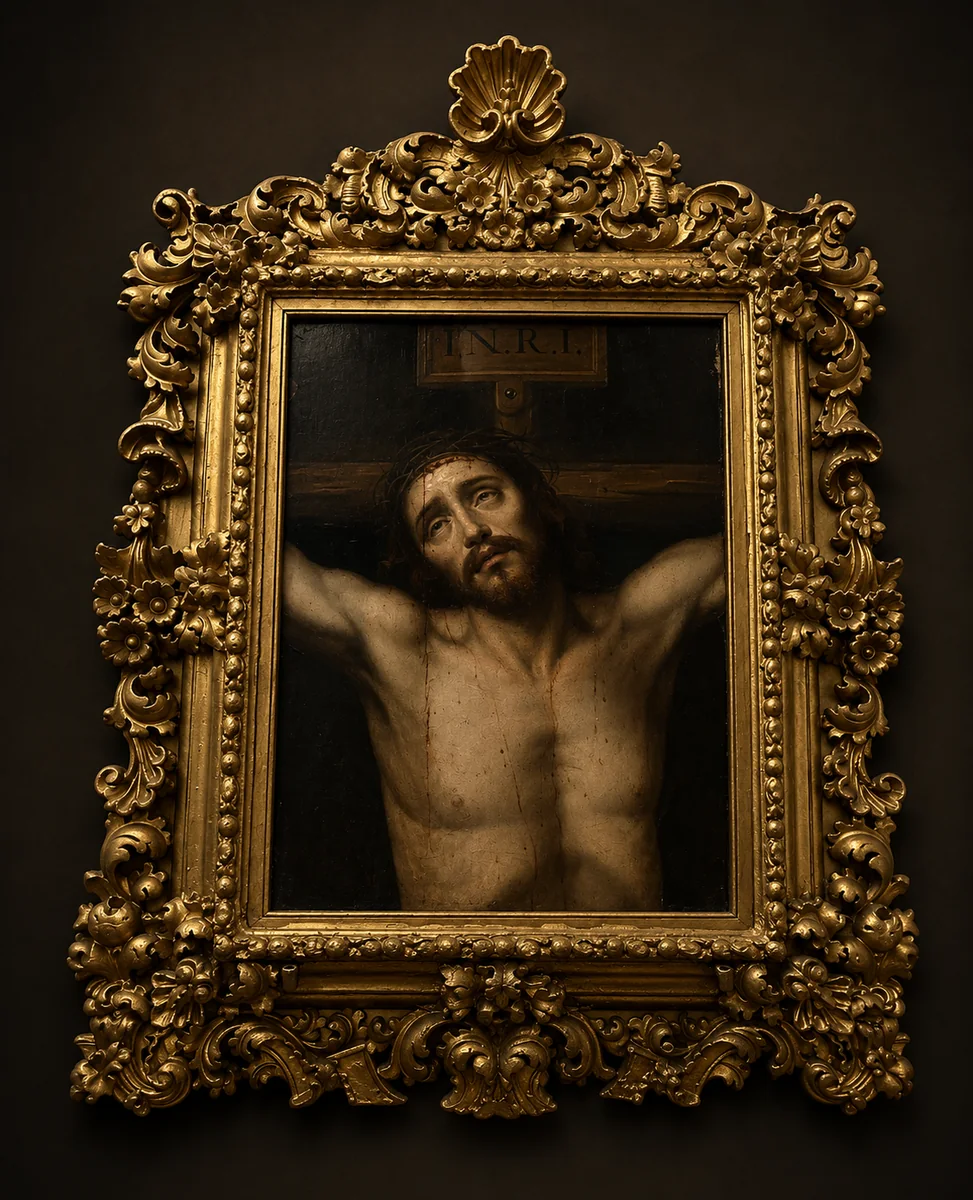 Cristo, óleo en marco dorado