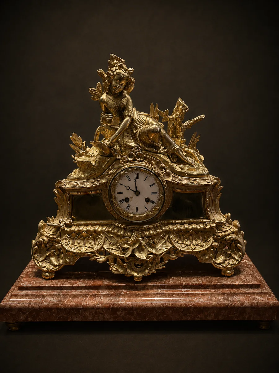 Reloj de bronce dorado sobre mármol