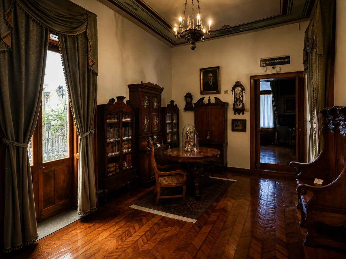 El despacho, con la mesa y las vitrinas de la biblioteca