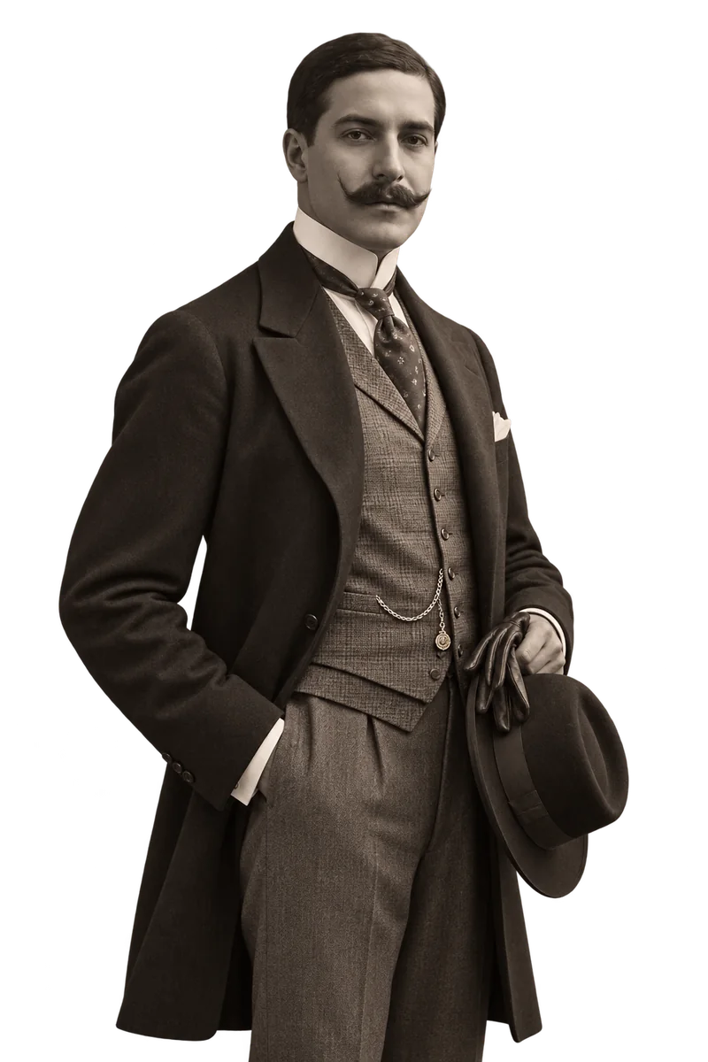 José Luis Bello y Zetina, de cuerpo entero, con sombrero y guantes en mano