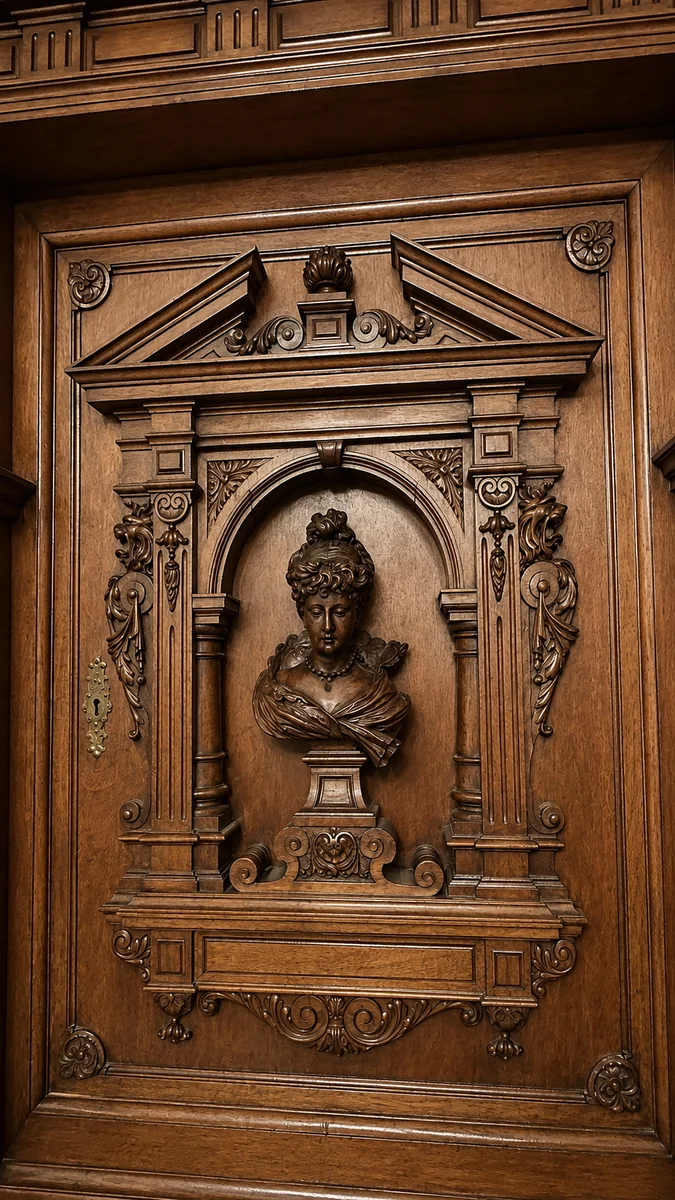 Puerta de mueble con busto tallado en nogal